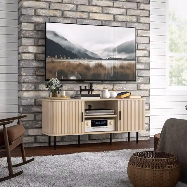 HOMCOM Mid-Century Oak TV Console Cabinet for TVs up to 55 Inches in Beige