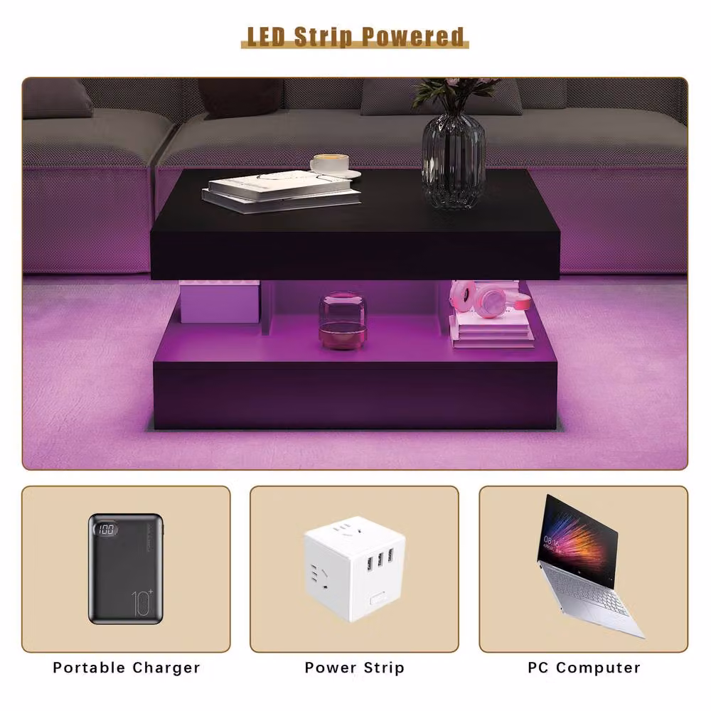KEEPREAPER Modern Black Square Coffee Table with Storage and LED Light, W/D/H: 78 x 40 x 78 cm – 5