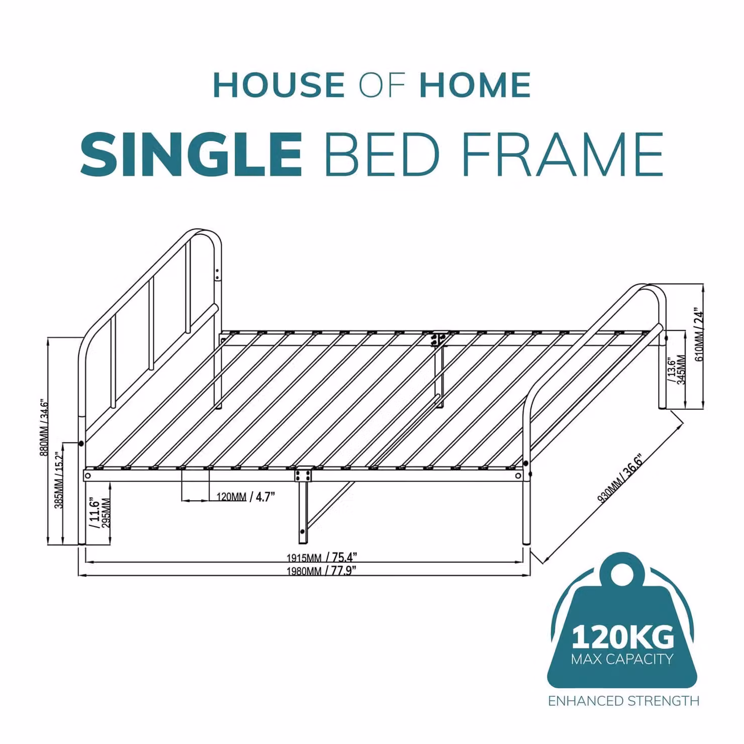 House of Home Metal Single Bed Frame with Rounded Headboard in Black, W/D/H: 90 x 190 cm – 3