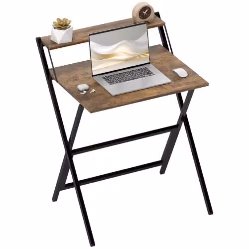 HOMCOM Folding Computer Desk with Monitor Shelf, Rustic Brown – 1