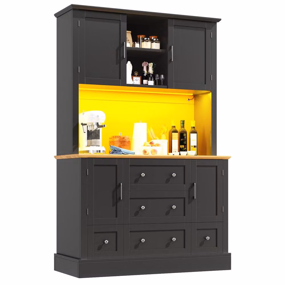 Matteo Modern Matt Black Tall Kitchen Cabinet with Integrated LED Lighting and Drawers – 3
