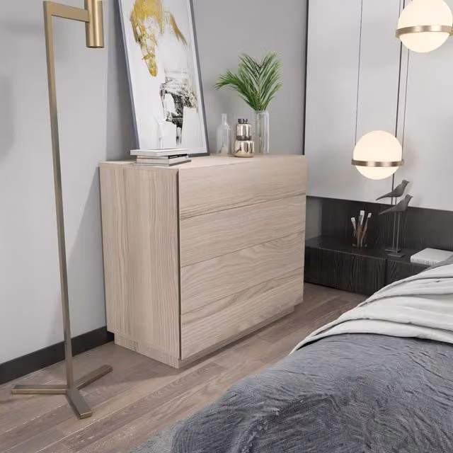 Decorotika Lines Wide Modern Dresser with Finger Pull Design in Cordoba Pattern, Beige and Yellow
