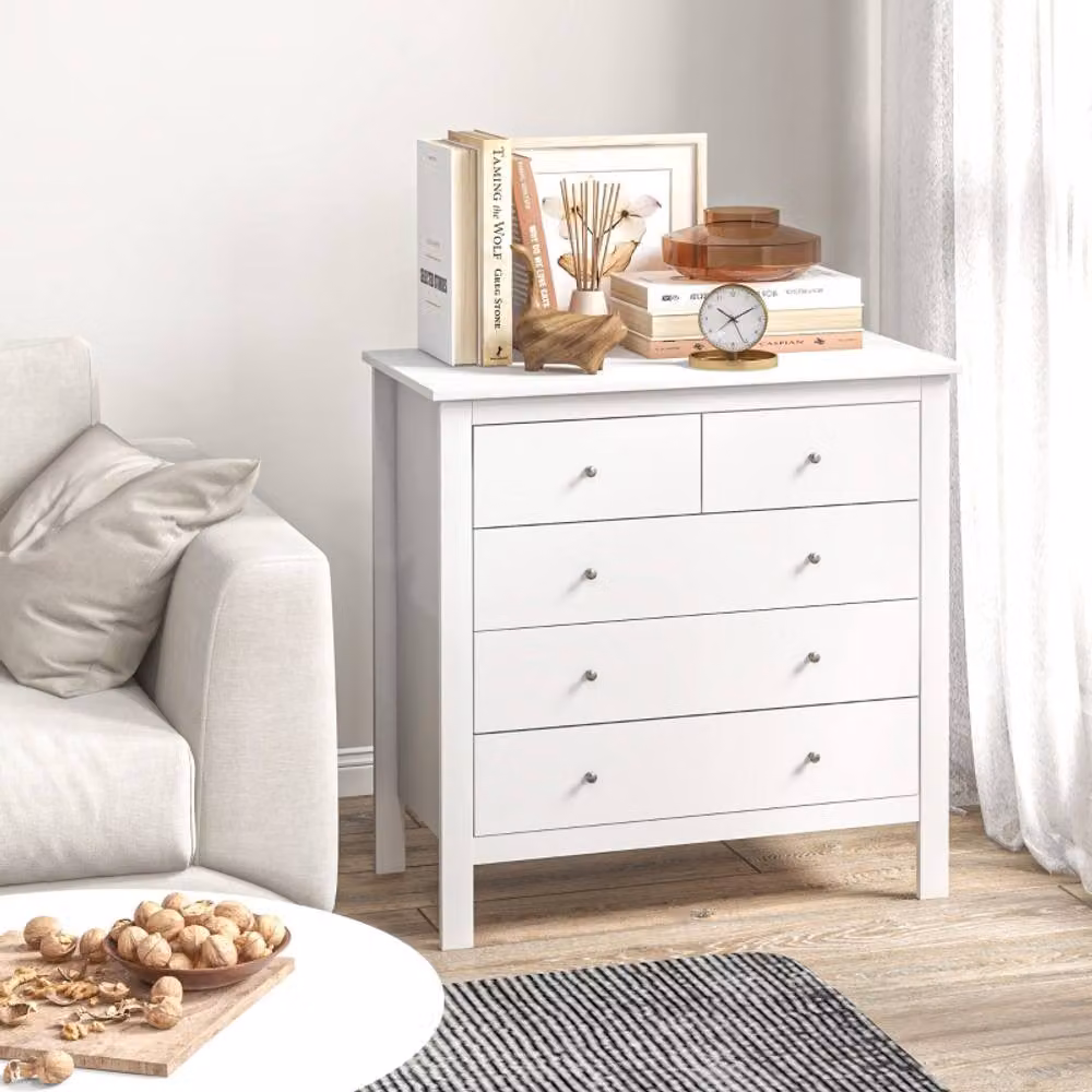 STILVORA 5 Drawer Chest of Drawers with Metal Handles in White – 2