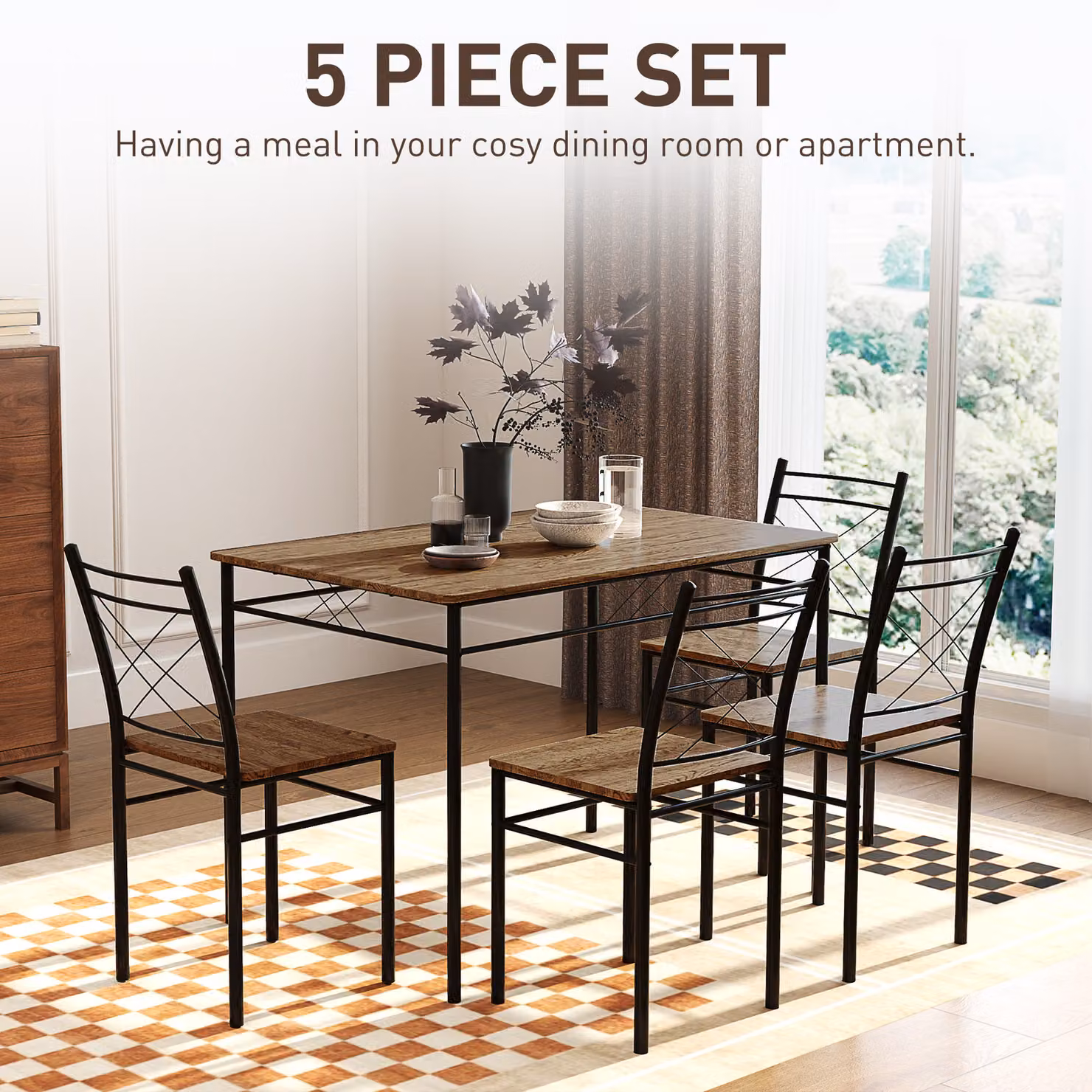 HOMCOM 5-Piece Industrial Dining Set with Rectangular Wood Table and Steel Frame in Brown and Black – 3