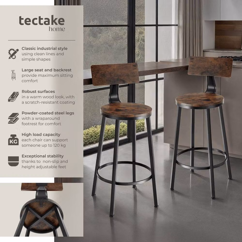 tectake Poole Industrial Set of 2 Bar Stools in Brown and Black – 2