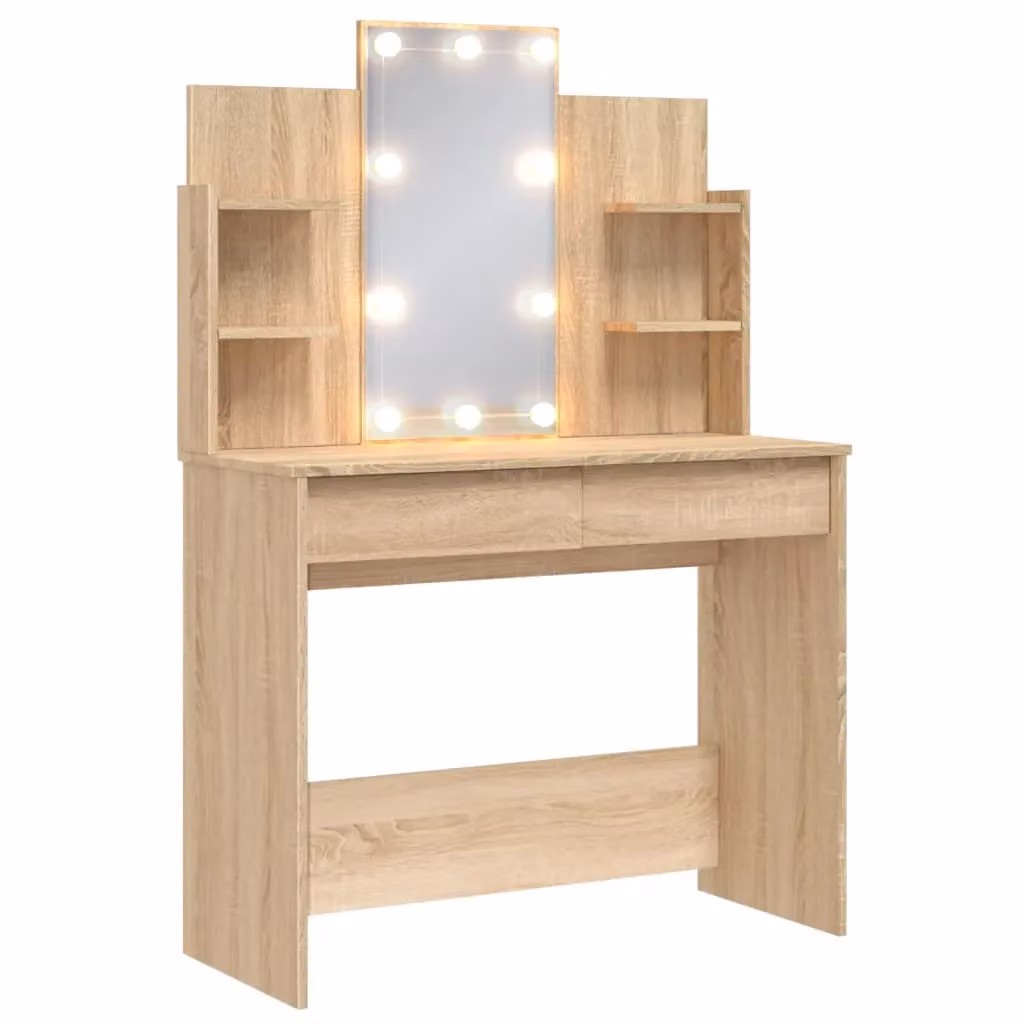Berkfield Home Dressing Table with LED Lights in Sonoma Oak Brown, W/D/H: 96 x 40 x 142 cm – 2
