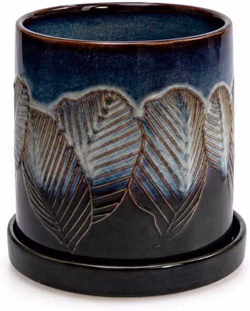 Upper Street Iridescent Leaf Ceramic Plant Pot in Blue and Green – 1