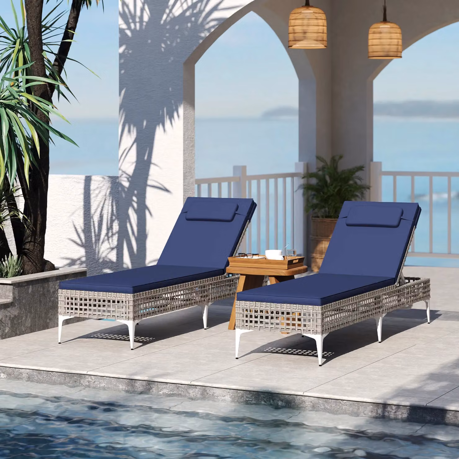 Costway Navy Blue Rattan Sun Lounger with 6-Level Adjustable Headrest – 4