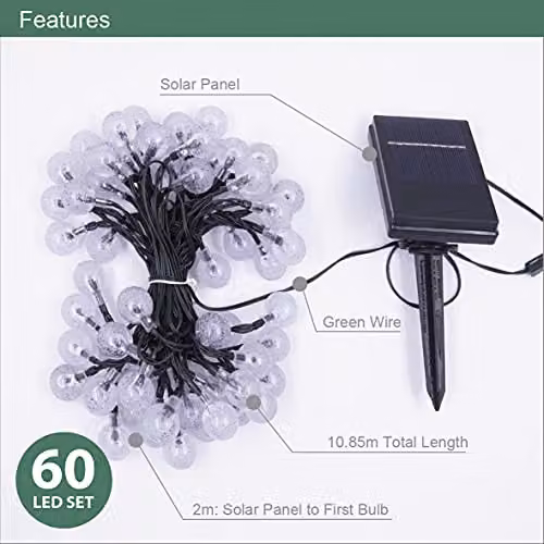 GardenKraft Solar Powered LED Outdoor Globe String Lights with 60 Warm White Spheres and 8 Light Modes, IP44 Weatherproof – 3