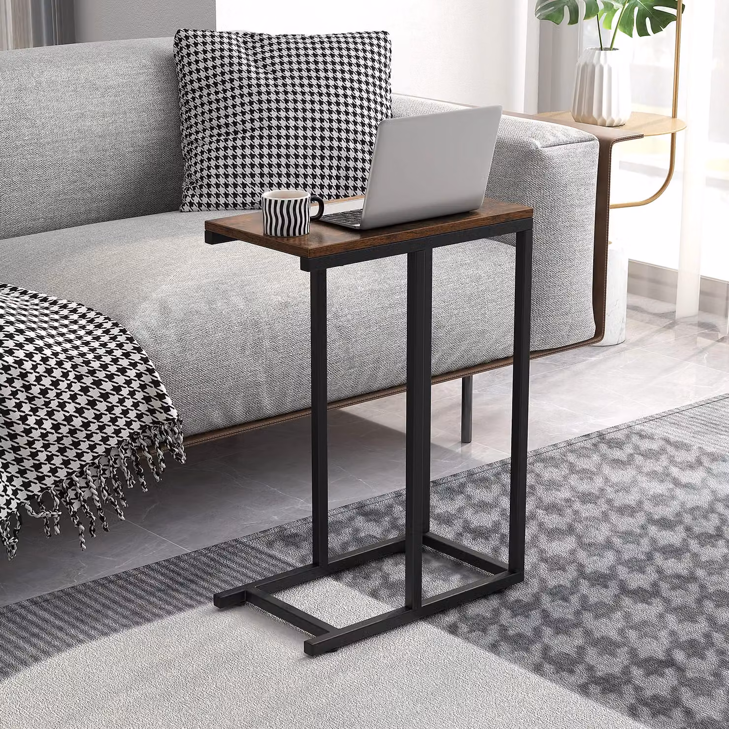 Gymax C-Shaped End Table with Metal Frame, Brown, Height: 64 cm – 8