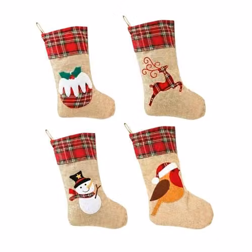 Shatchi Pack of 4 Rustic Burlap Christmas Stockings in Brown and Multicolour, 45 cm Hanging Sack Socks with Animal Designs – 1