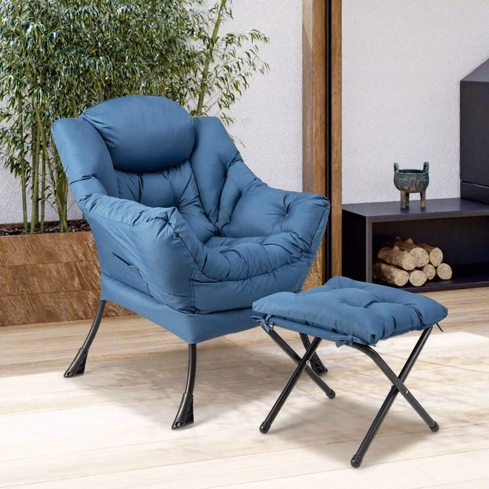 VOGREX Blue Lazy Lounge Chair with Ottoman and Microfibre Cushions and Powder Coated Steel Frame – 6