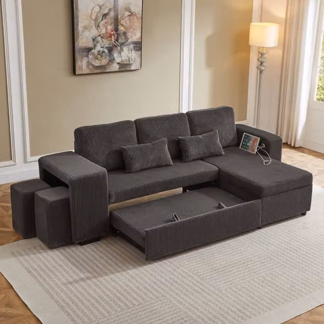 Rolipo Modern L-Shaped Reversible Corduroy Sofa Bed with Storage and USB Charging, Grey