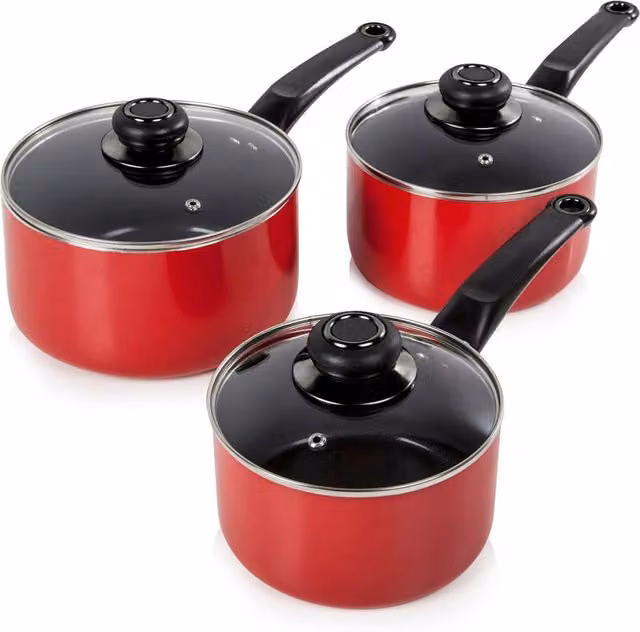 Swan Townhouse 3 Piece Ceramic Saucepan Set with Lids in Red