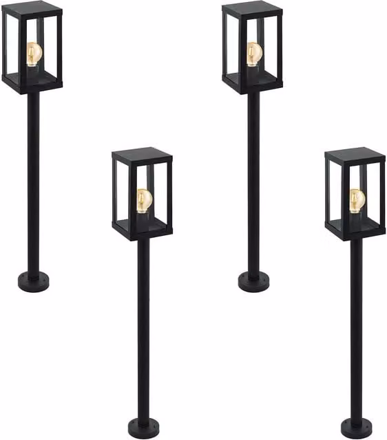Loops 4 Pack Black Zinc Plated Steel IP44 Outdoor Bollard Garden Lights with E27 Bulb Holder, H 150 cm x W 15 cm x D 15 cm