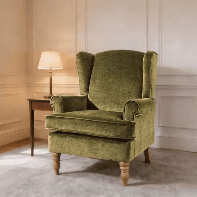 Home Source Helena Traditional High Back Wing Back Accent Armchair in Olive Green Velvet