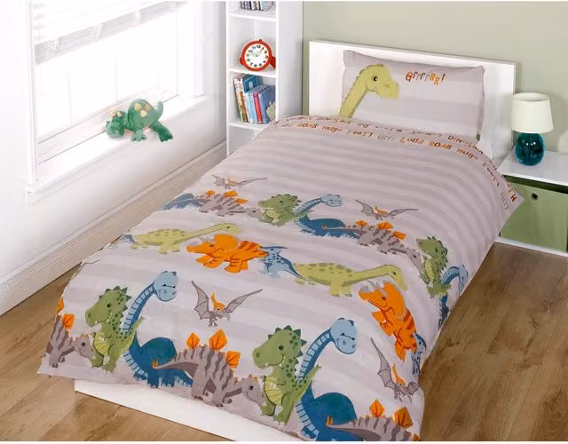 Rapport Home Dinosaur Childrens Polycotton Duvet Cover and Pillowcase Set, Multicolour, W: 90 cm, L: 190 cm