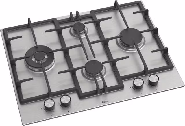 Ferre 65cm Built-in Gas 4 Burner Hob with Cast Iron Pan Supports, Silver