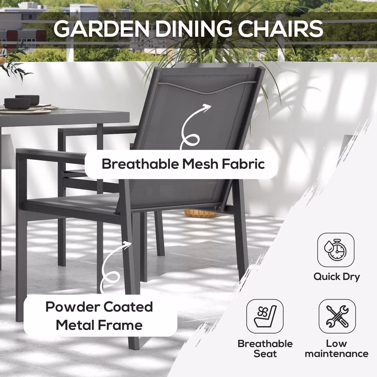 Outsunny 5 Piece Garden Dining Set in Grey with Glass Top Square Table and 4 Armchairs with Breathable Mesh Fabric Seats – 3