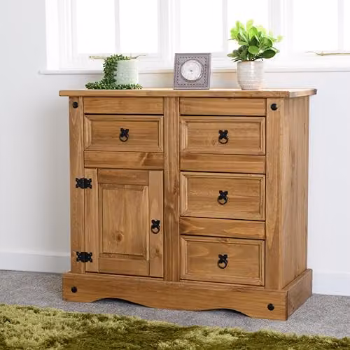 Seconique Corona 1 Door 4 Drawer Sideboard in Rustic Waxed Pine, Brown, W/D/H: 83.5 x 44 cm x 91.5 cm