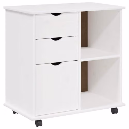 vidaXL Rolling Cabinet in White Solid Pine Wood, W/D/H: 63.5 x 39 x 65.5 cm
