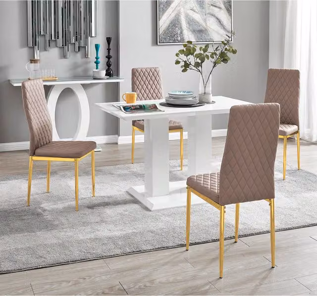 FurnitureboxUK Imperia White Rectangular Dining Table and 4 Milan Gold Leg Chairs in Yellow, W: 120 cm, D: 70 cm, H: 70 cm