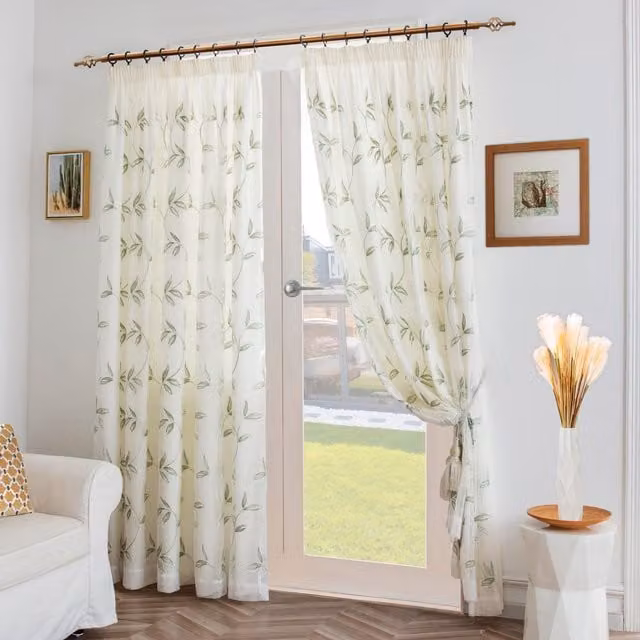 Luxury Living Green and White Leaf Embroidered Tulle Voile Pencil Pleat Curtains, Width: 147 cm, Drop: 229 cm