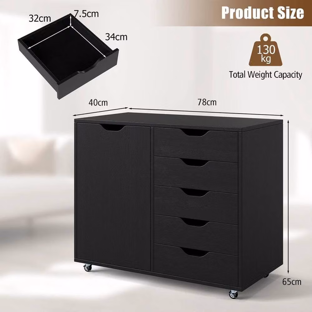 SPETLEK Black Wooden Vertical Storage Dresser Cabinet with 5 Drawers and Door – 2