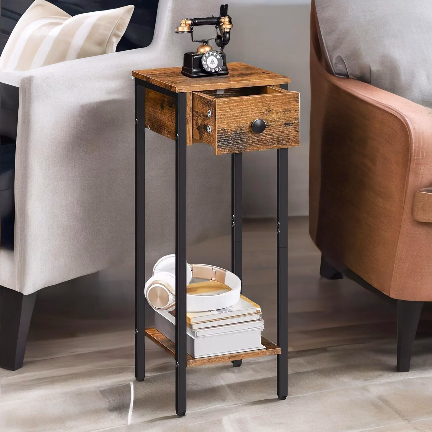 Rafaelo Mobilia Set of 2 Slim Industrial Side Tables in Brown and Black – 2