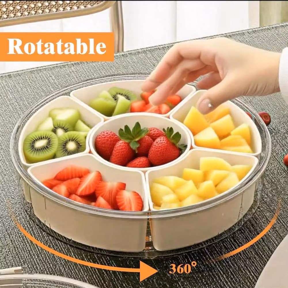 FLAVORA Rotatable Multi-Compartment Round Snack Tray in White and Transparent Plastic – 5