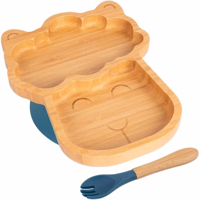 Tiny Dining Bamboo Llama Baby Weaning Plate and Fork Set in Blue