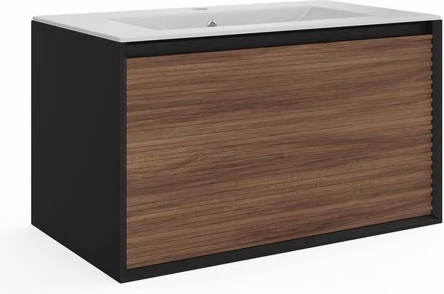 Vente-unique Grooved Floating Bathroom Vanity Unit with Inset Ceramic Basin in Dark Natural and Black, W/D/H: 80.0 x 45.8 x 45.0 cm