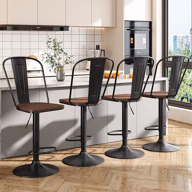 Komore Set of 2 Adjustable Swivel Bar Stools in Brown and Black with Metal and Wood Industrial Design