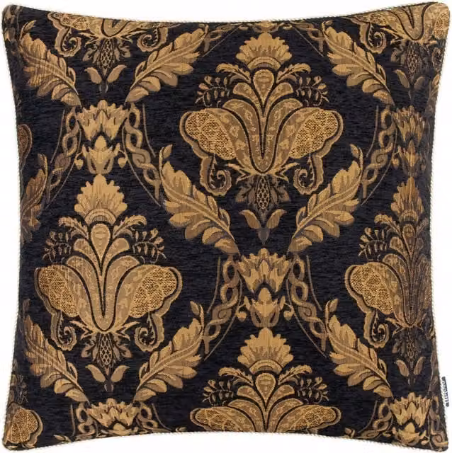 Terrys Shiraz Floral Jacquard Filled Square Cushion, Black and Gold, W/D/H: 55 x 55 x 55 cm