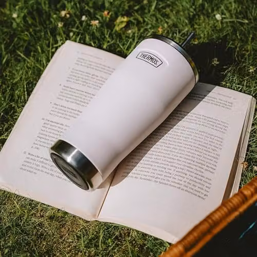 Thermos Icon Series Stainless Steel Travel Mug with Straw, White, 710ml – 7
