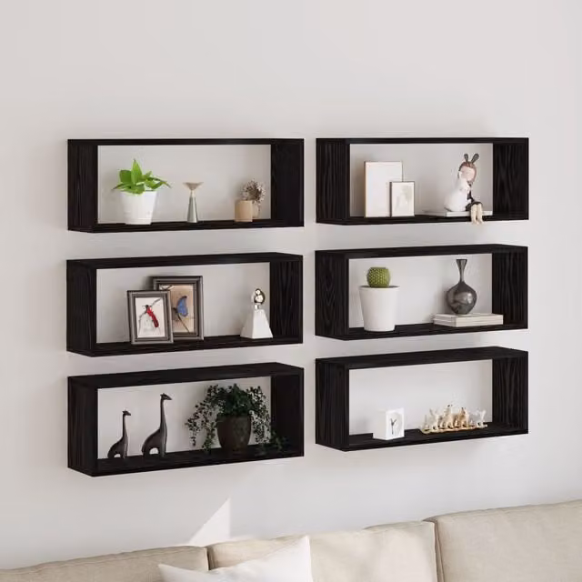 Berkfield Home Set of 6 Black Oak Wall Shelves, W: 60 cm, D: 15 cm, H: 23 cm