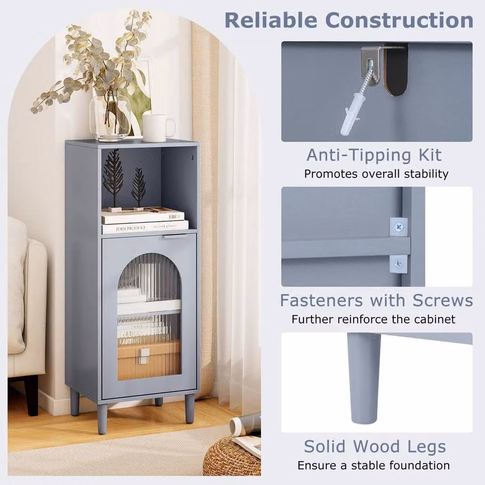 EONLION Grey Lacquered Wood Bathroom Floor Cabinet with Glass Doors and Internal Shelves – 3