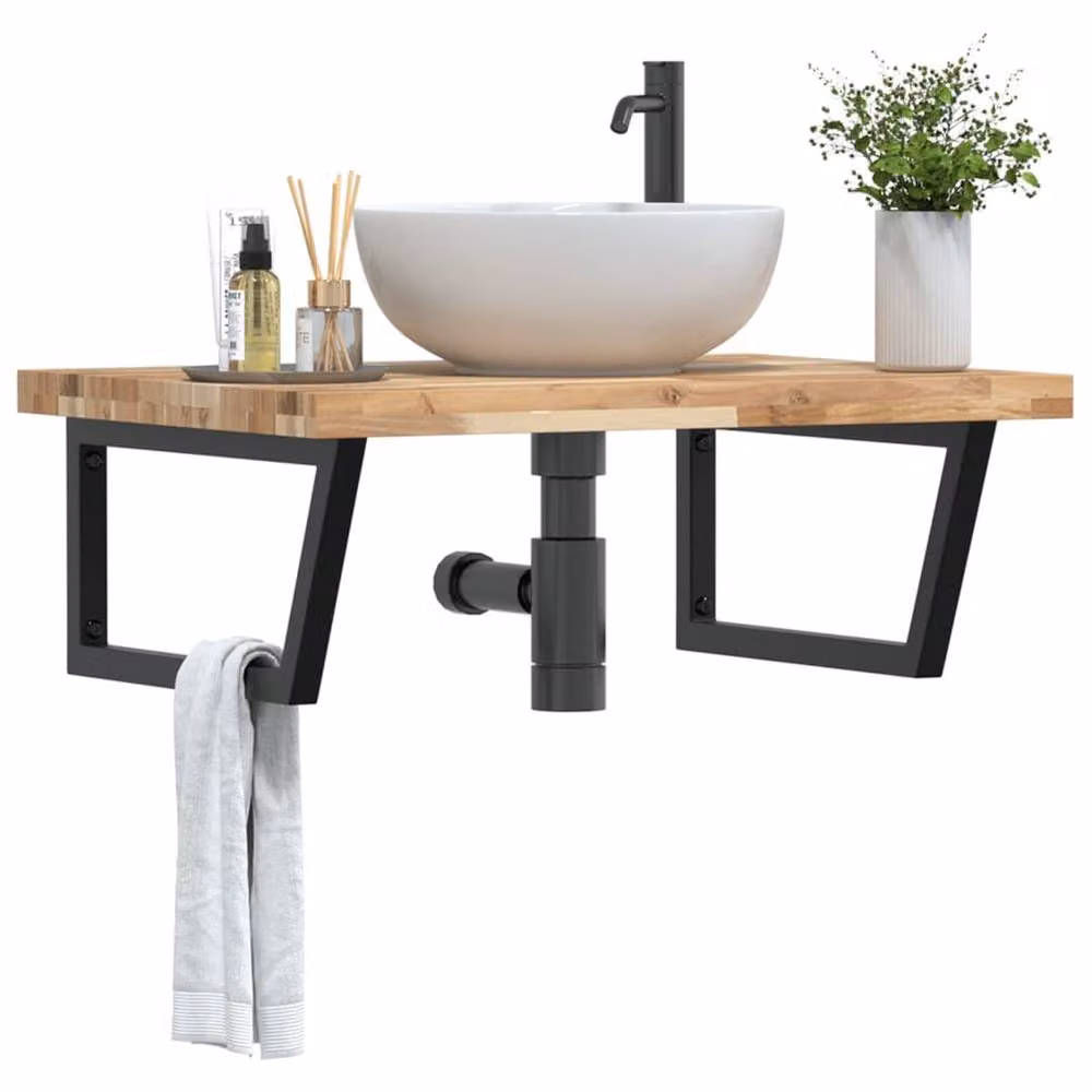 Berkfield Home Wall Mounted Basin Shelf in Light Tan Acacia Wood and Steel – 1