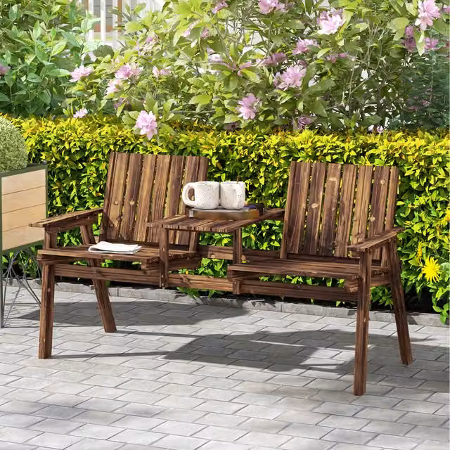 Outsunny Rustic Brown Fir Wood 2 Seat Bench with Table