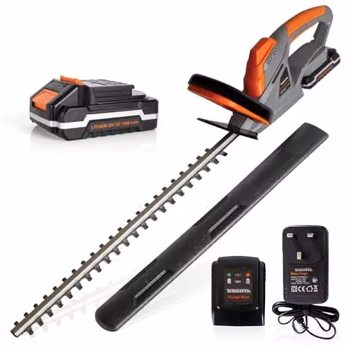 Terratek 20V Cordless Reciprocating Hedge Trimmer with 51cm Blade, Rechargeable Battery and Quick Charger in Orange and Grey