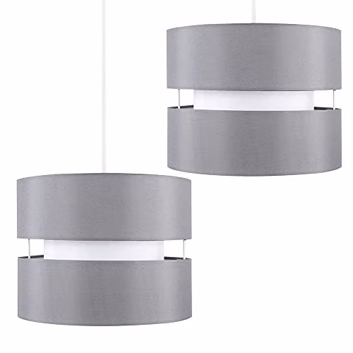 ValueLights Set of 2 Modern Grey Fabric Cylinder Ceiling Lamp Shades with 10W Warm White LED Bulbs, Shade Width: 26 cm – 1