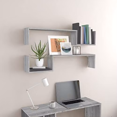 vidaXL Set of 2 Modern Wall Mounted Shelves in Grey Sonoma, W/D/H: 100 x 20 x 20 cm – 2