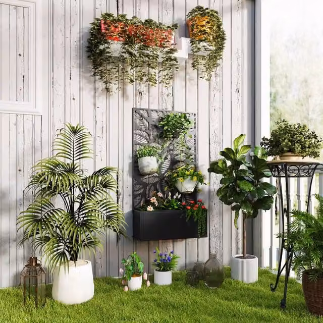 Outsunny Metal Garden Planter Bed with Privacy Trellis Screen, Black