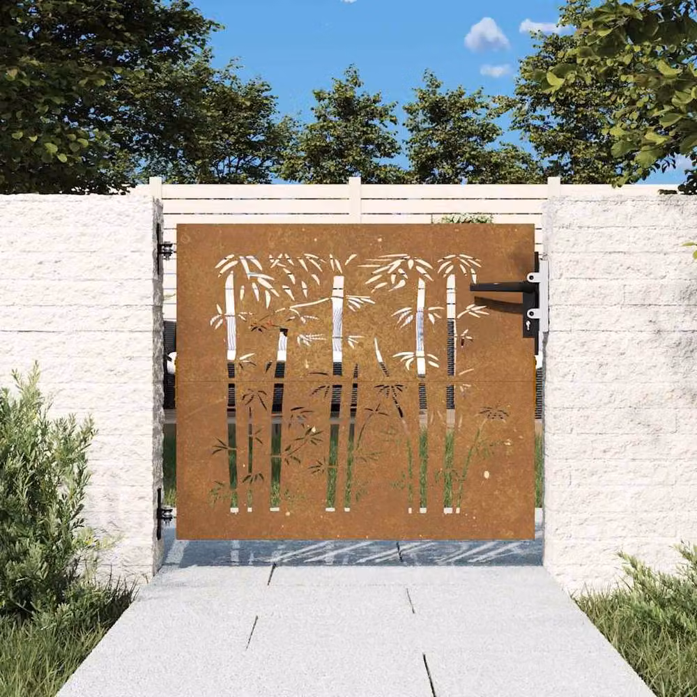 Berkfield Home Beautiful Garden Gate in Brown Corten Steel with Bamboo Design, W: 85 cm, H: 100 cm – 2