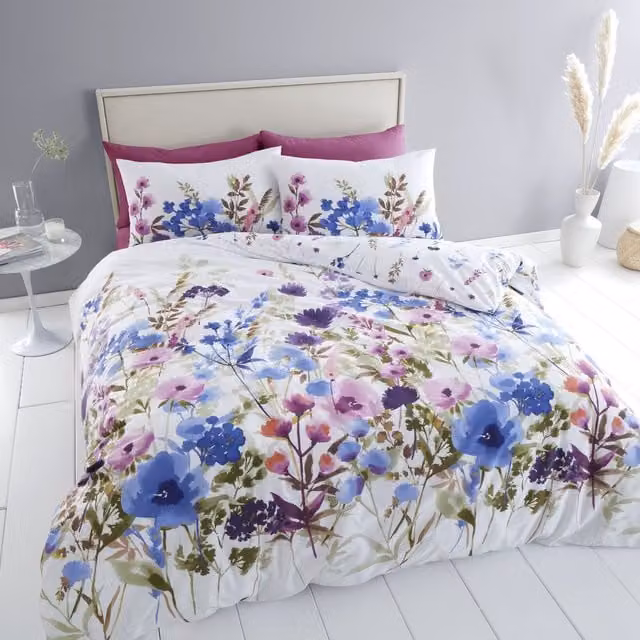 Catherine Lansfield Countryside Floral Reversible Duvet Cover Bedding Set in Pink, Blue and Multicolour