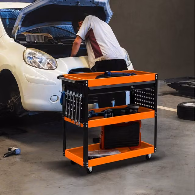 T-Mech Lockable and Rollable Steel Tool Storage Trolley in Orange