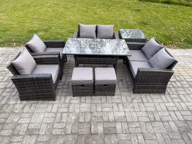 Fimous 8 Seater Rattan Garden Furniture Set with Oblong Dining Table and Double Seat Sofa in Dark Grey