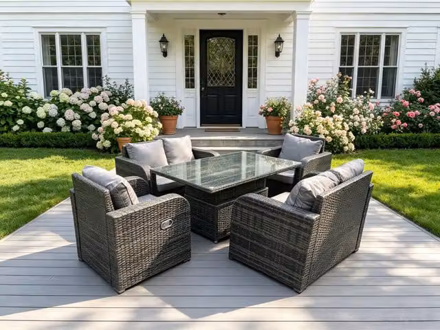 Fimous 6 Seater Rattan Sofa Dining Set with Height Adjustable Glass Top Table and Reclining Chairs in Dark Grey Mixed