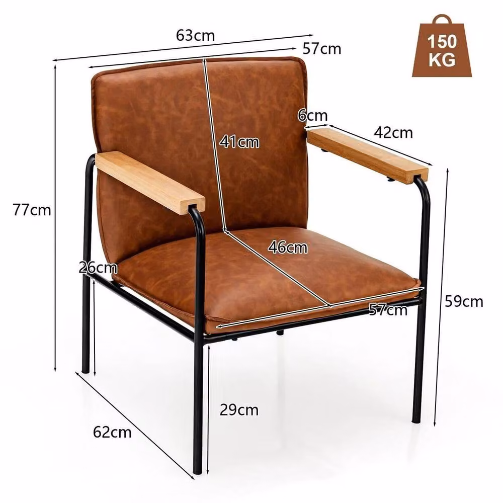 Kelvenix Brown PU Leather Accent Chair with Armrests and Metal Frame – 2