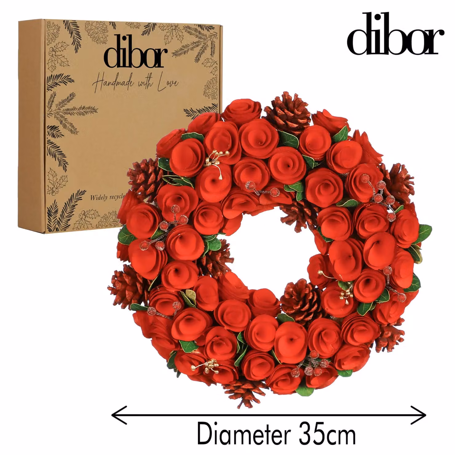 Dibor Red Crimson Rose Christmas Wreath in Red, Green and Gold, Diameter: 35 cm – 2